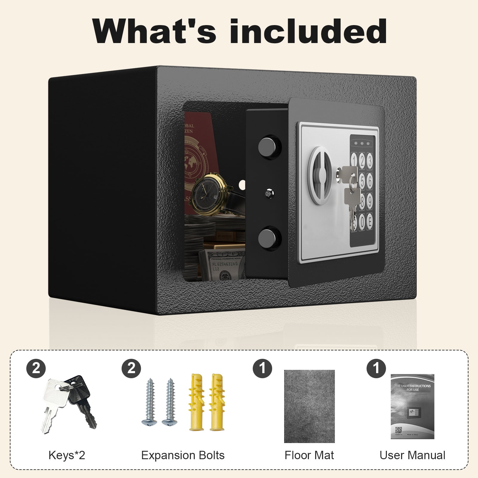 Marcree Small Safe, 0.23 Cubic Lock Box for Keys with Code, Steel Safe with Key, Digital Security Safe, Number Keypad Safe for Money, Jewelry, Wall Safe for Home, Hotel or Business, Black