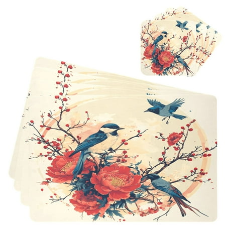 

Wobogo Blue Magpie Placemats Coasters Set of 4 Heat-resistant Non-slip Easy to Clean Square Dinner Plate Mat
