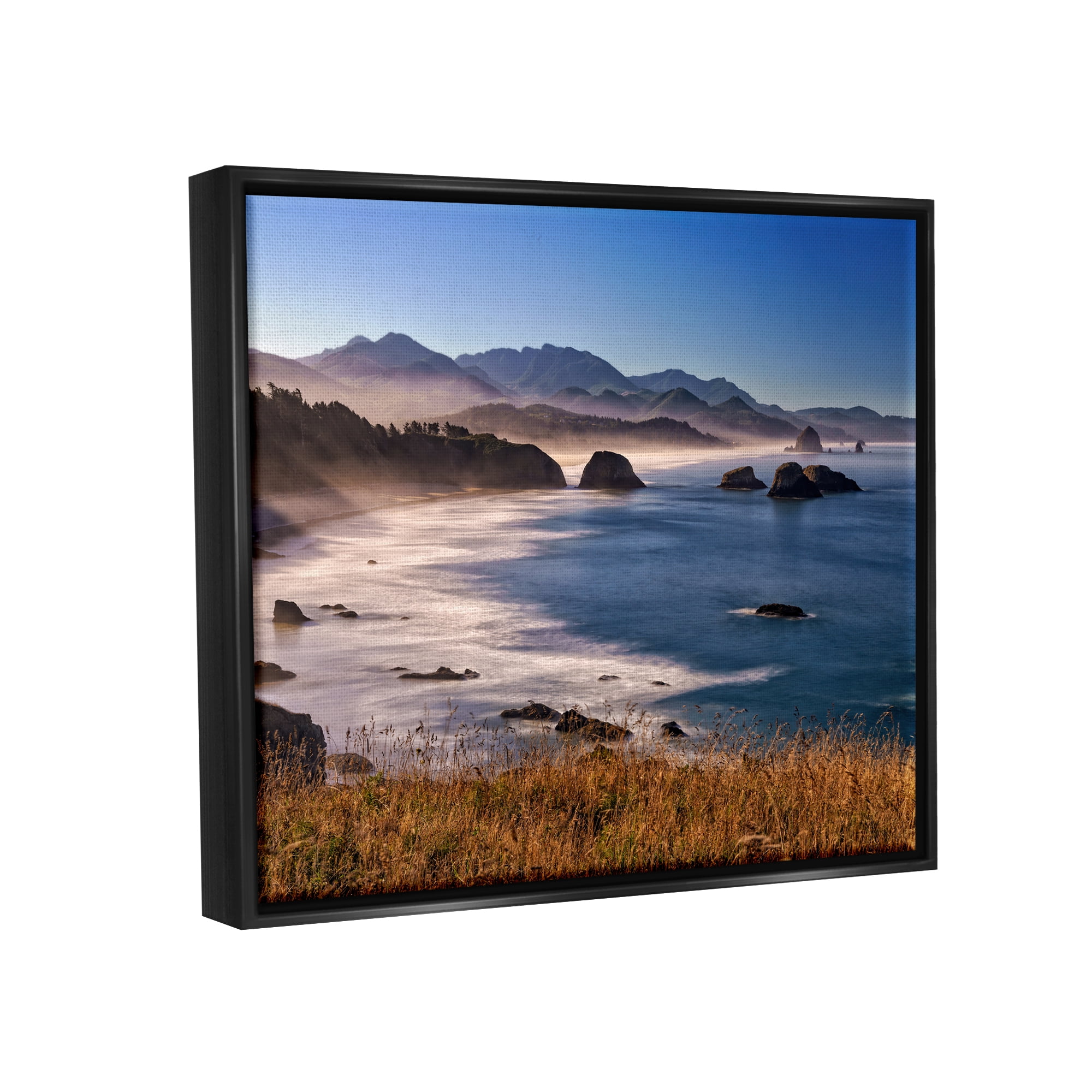 Stupell Rocky Shore Coastal Mountain Peaks Landscape Photography Black Floater Framed Art Print Wall Art