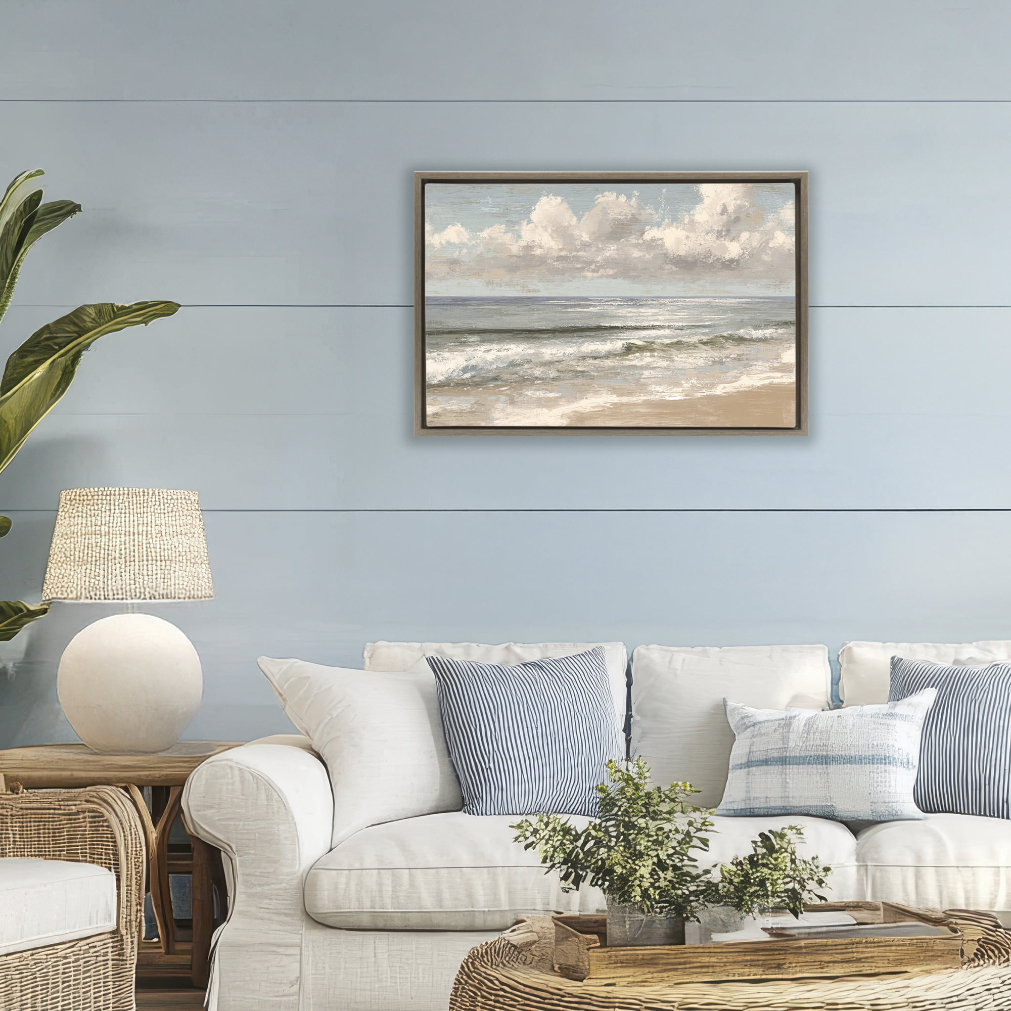 Stupell Industries Distressed Beach Horizon Brown Framed Floater Canvas Wall Art, design by Jacky Ngan
