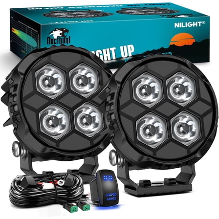 Nilight LED Pod Light 2 PCS 3.1 Inch 20W 4 LED Round Hyper Spot Beam Offroad Driving Lights w/18AWG Rocker Switch Wiring Harness Kit for Truck Motorbike Boat ATV UTV