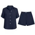thumbnail image 4 of Cagogo Women's 2 Piece Shorts Set Casual Summer V Neck Short Sleeve Top with Pocket Solid Loose Outfits Matching Lounge Sets Tracksuits Travel Airport Clothes, Navy 2XL, 4 of 6