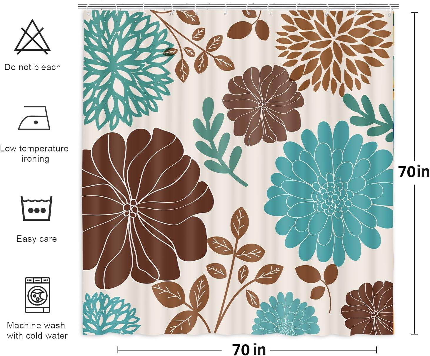 Boho Teal and Brown Floral Shower Curtain, Turquoise and Tan Flower Shower Curtain for Bathroom, Aqua Blue Bohemia Art Aesthetics Bathroom Decor Shower Curtain Set with 12 Hooks, 72X72in