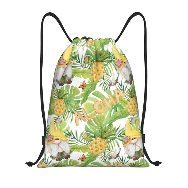 Xecao Gnome and Pineapple Pattern Sports Drawstring Backpack - String Swim Gym Bag with Wet Proof Pocket for Women&Men-Medium