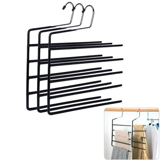 Multi-Tier Pants Hangers Space Saving 3 Pack, Non Slip 5 Tier Open-Ended Pants Organizer Storage Hangers for Jeans Trousers Scarf, Heavy Duty Slack Hangers, Multi-Functional Scarf Hanger Fit Closet,