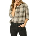 thumbnail image 2 of INSPIRE CHIC Women's Plaid Shirts Button Down Long Sleeve Pockets Oversized Tunics Blouse XS Beige, 2 of 6