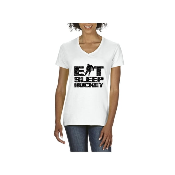 MmF - Women's T-Shirt V-Neck Short Sleeve, up to Women Size 3XL - Eat Sleep Hockey