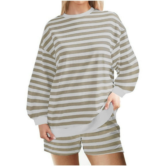 Oplxuo Women Striped 2 Piece Lounge Sets Casual Long Sleeve Sweatshirt Shorts Pajama Sets Loose Shorts Set Loungewear