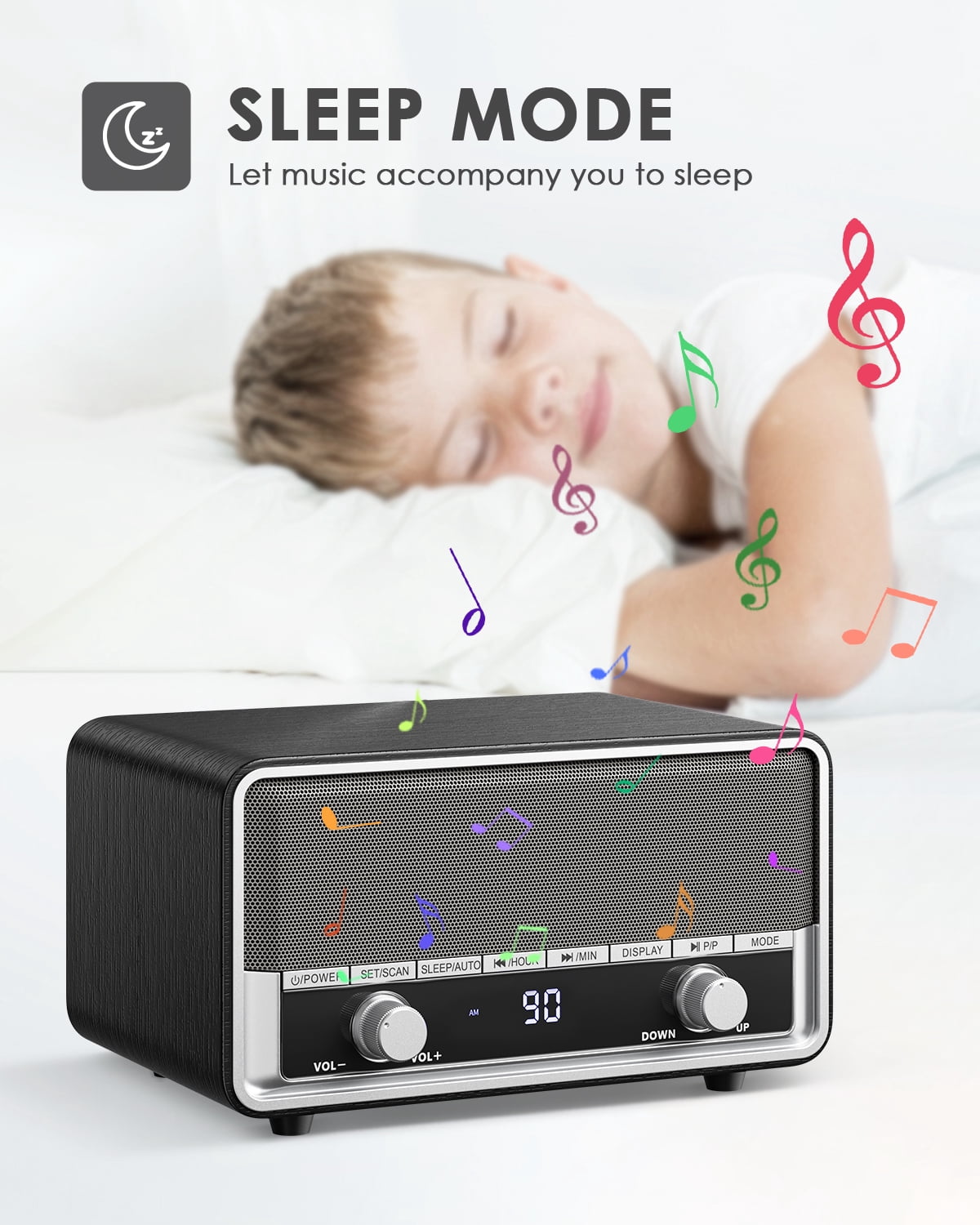 Retro AM FM Radio Plug in Wall, Digital Clock Radio for Bedroom with LCD Display| 40 Presets | Sleep Timer | No Alarm, Retro Bluetooth Speaker for Office,Great Gift Black