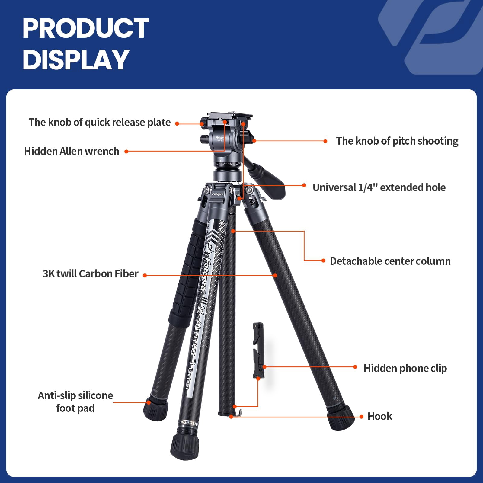 FotoPro X-AIRCROSS 3 Lite Video 5-Section Carbon Fiber Travel Tripod with MH-2L Fluid Video Head, Flame Orange
