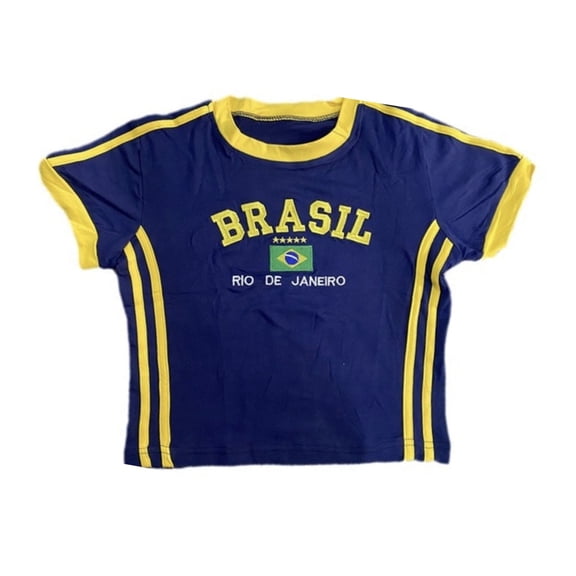 Bibifish Womens Tees Brasil Printed Soft Lightweight Crewneck Short-Sleeve Cropped Tees Summer Daily Casual Stylish Sports Pullover Tops