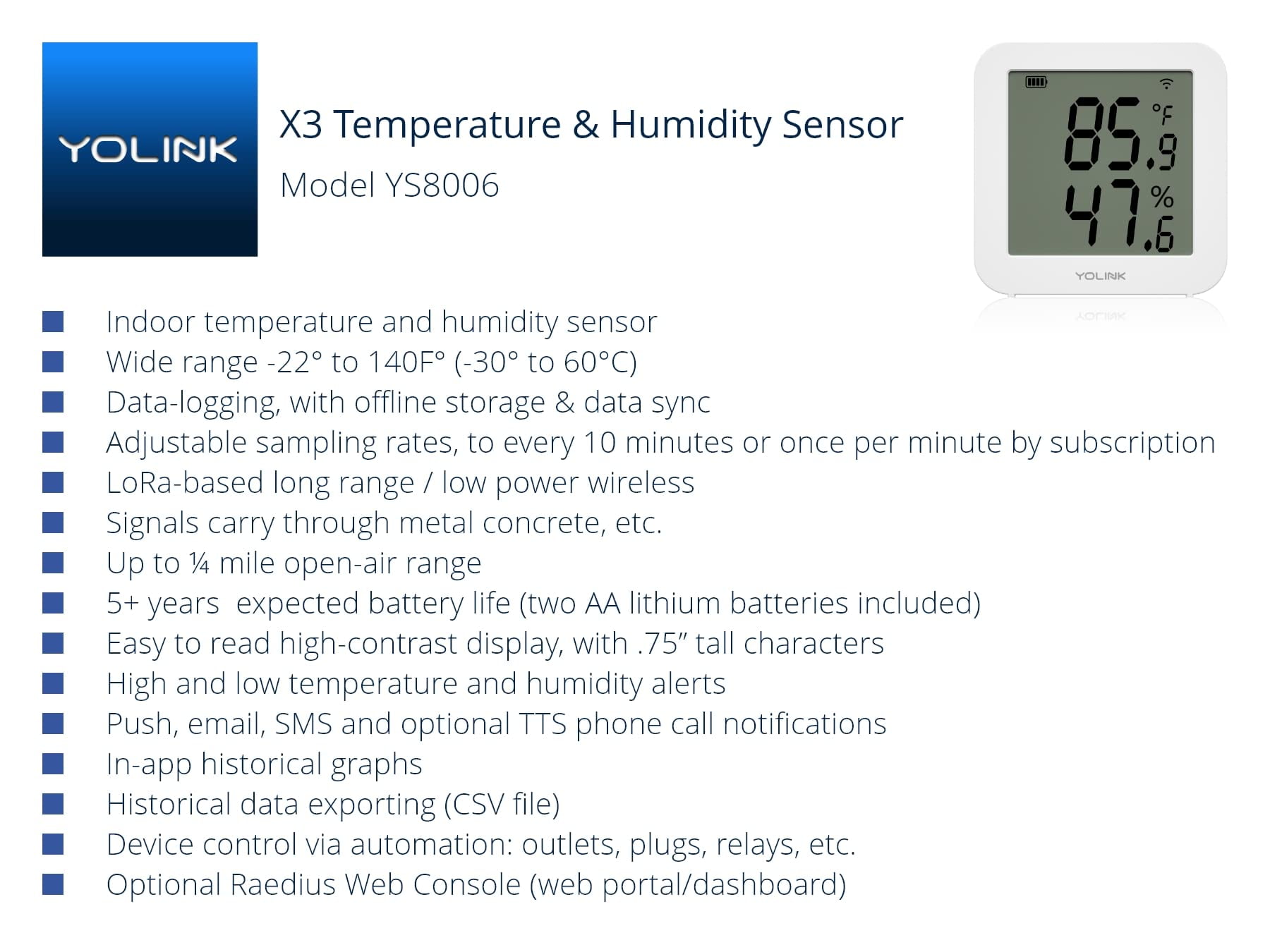 YoLink X3 version Temperature & Humidity Sensor, Supports App Real-Time Data Refresh, Alexa, IFTTT, Home Assistant Integration - YoLink Hub Included