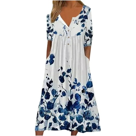 Summer Dresses for Women 2022,Womens Shirts Dress Pleated Flowy Shift Dresses Button Up Daily Floral Midi Sundress