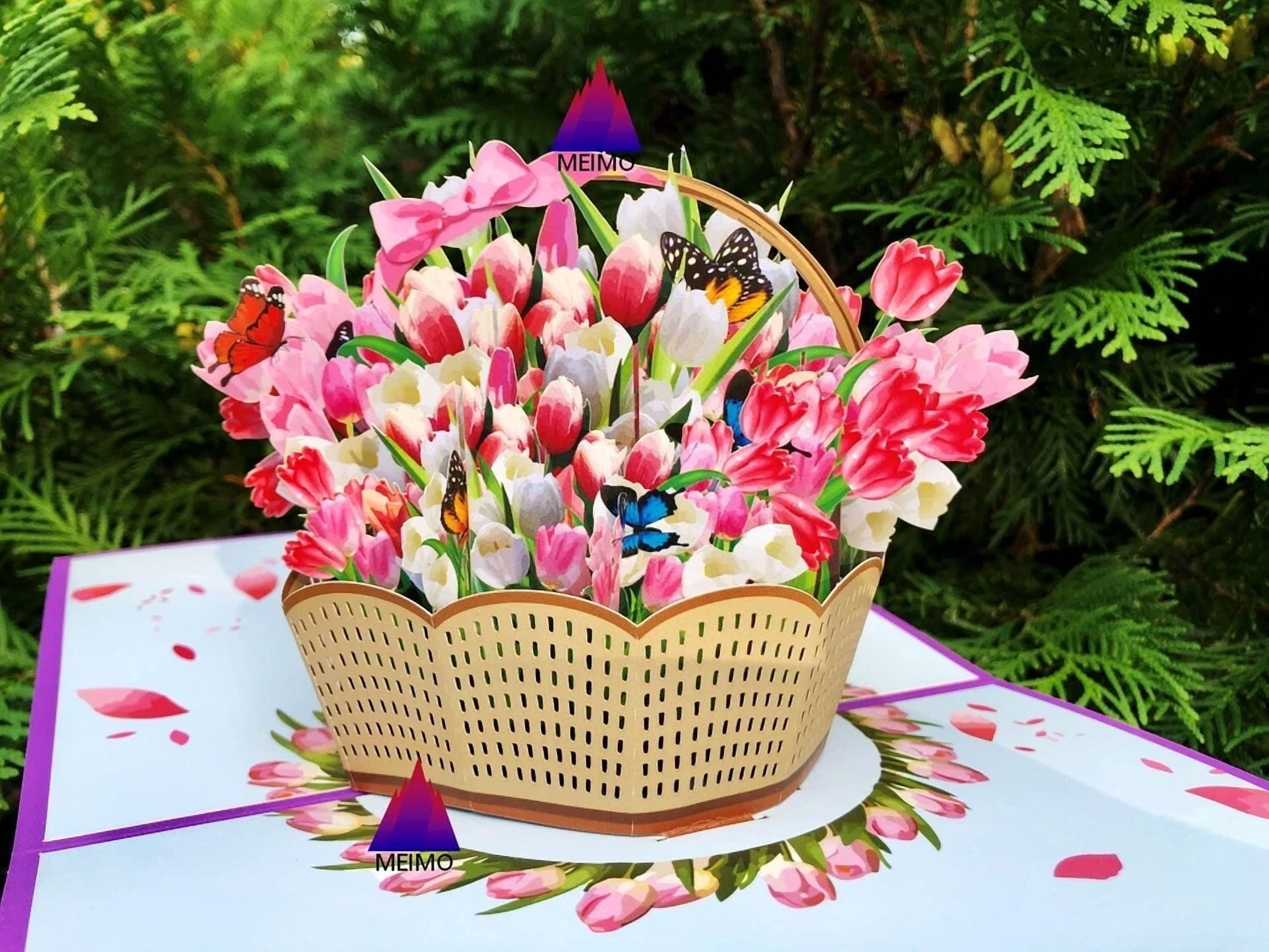 PURELY- 3D Pop Up Greeting Card Flowers Floral Tulips Nature Garden Plants Birthday Mom
