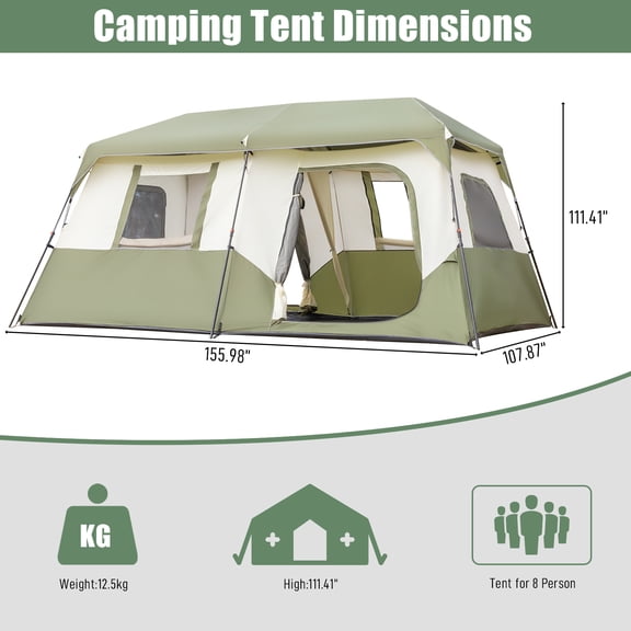 Instant 8 Person Camping Tent, 60 Second Quick Setup Windproof Family Tent with Detachable Rainfly & Portable Storage Carry Bag