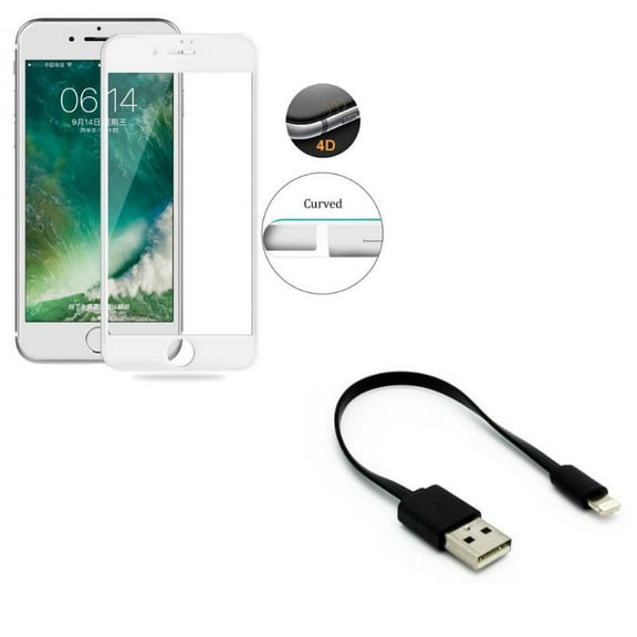 iPhone 7/8 PLUS Short USB Cable w Screen Protector - Charger Cord Power Wire, Tempered Glass 4D Touch Curved Edge Full Cover for iPhone 8 PLUS/7 Plus