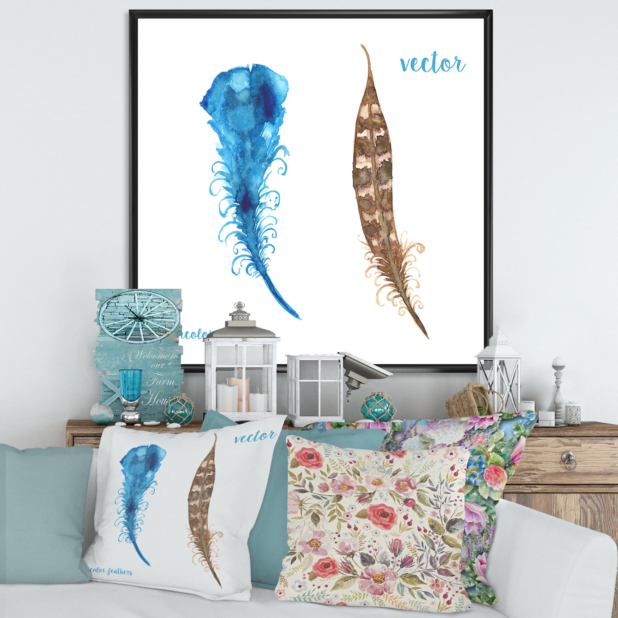 Designart 'Ethnic Boho Watercolor Feathers' Bohemian & Eclectic Framed Canvas Wall Art Print