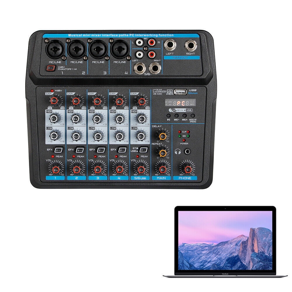Miumaeov Pro 6-Channel Live Audio Mixer Bluetooth USB DJ Sound Mixing Console Amplifier