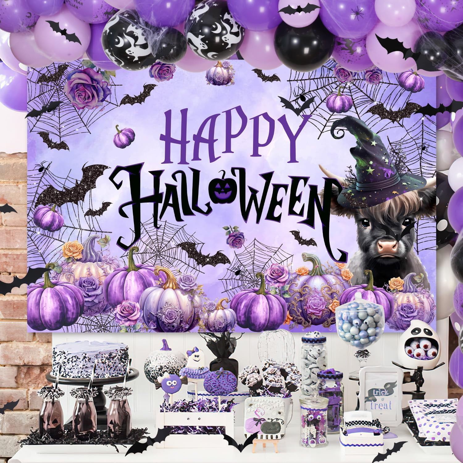 Halloween Highland Cow Decorations Purple Floral Witch Hat Pumpkin Backdrop Happy Halloween Photograph Background Bat Spider Purple Black Balloon Garland Arch Kit for Halloween Birthday Party Supplies
