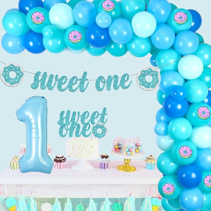 Sweet One Donut 1st Birthday Party Decors Boy Donut 1st Birthday Macaroon Blue Balloon Garland Arch Kit with Donut Photo Banner High Chair Banner, Sweet One Banner Cake Topper, Doughnut Foil Balloon