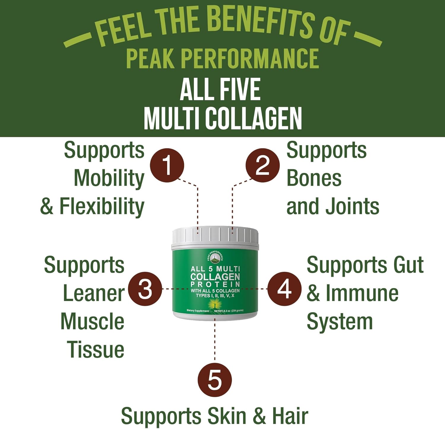 Peak Performance Multi-Collagen Protein Powder All 5 Types I, II, III, V, X, Keto, Paleo Friendly, Gluten-Free, 1 Count, 8.3 oz