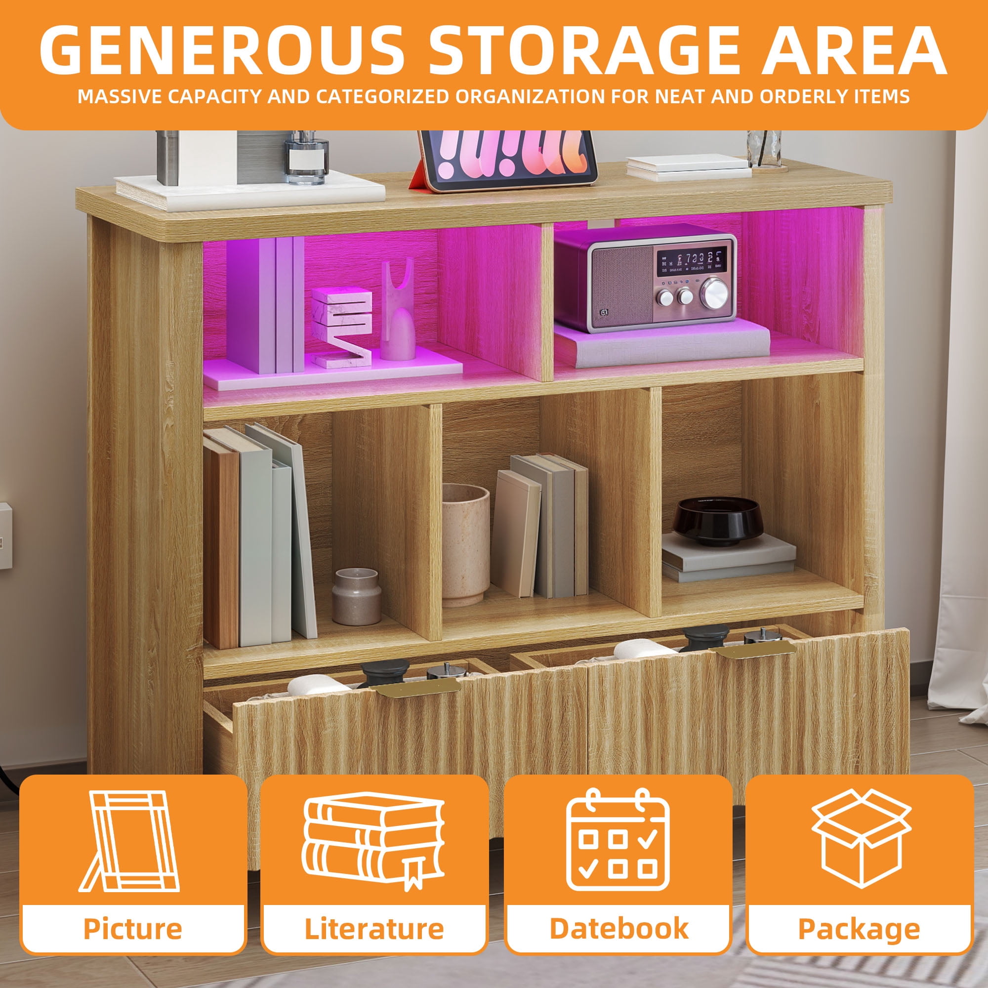 Craftian 5 Cube Bookcase with LED Light, Modern 3 Tier Bookshelf with Drawers for Home Office