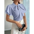 thumbnail image 4 of Women'S Tie Neck Blouse Ruffle Cap Sleeve Elegant Work Office Shirt Tops Light Blue M, 4 of 6
