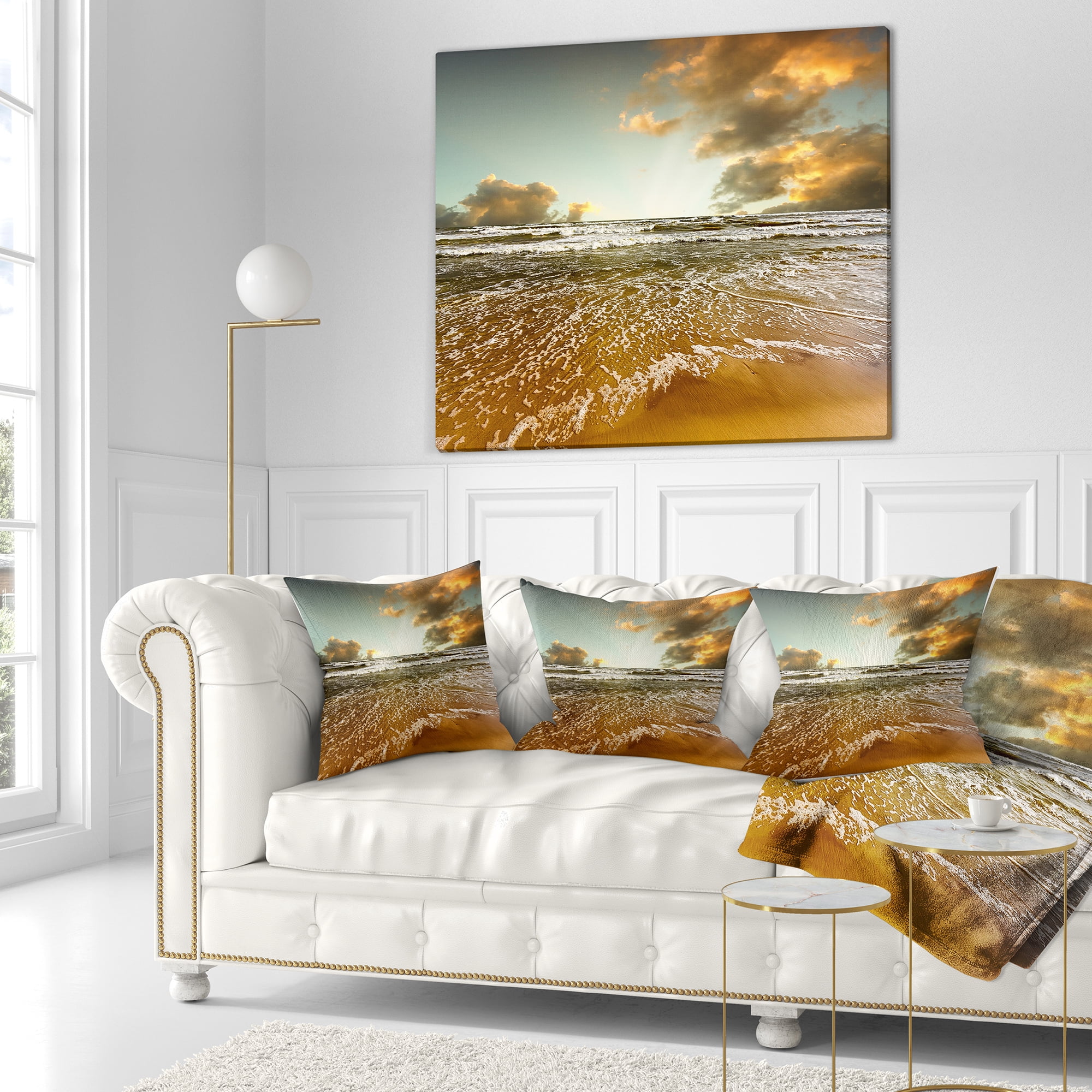 Designart Brown Tinged Beach and Cloudy Sky - Seascape Throw Pillow - 18x18