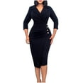 thumbnail image 2 of Njoeus Women Business V Neck Bodycon Dress Lapel Long Sleeve Button Work Office Midi Pencil Dress S-3XL, 2 of 9