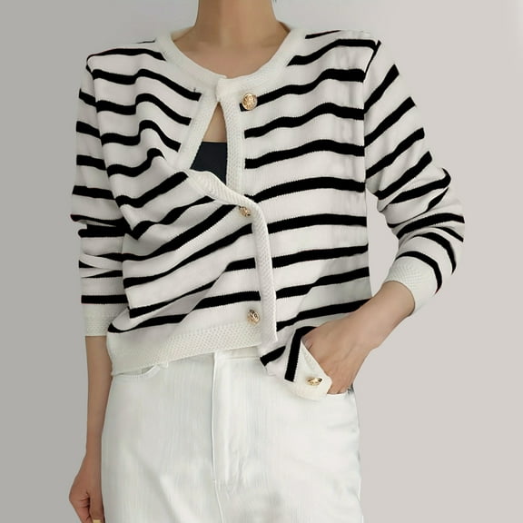 Qepwscx Women's Sweater Tops Knitted Cropped Jackets Trendy Knitted Cardigan Casual stripe Long Sleeve Tops Crew Neck Button Up Winter Fall Spring Outfit Clothes 2025 Fashion Pullover Tops Outerwear