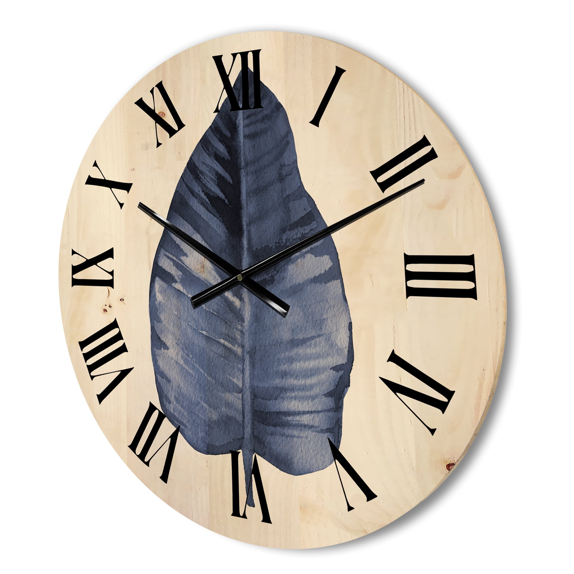 Designart 'Blue Leaf Watercolour On White Background' Traditional Wood Wall Clock