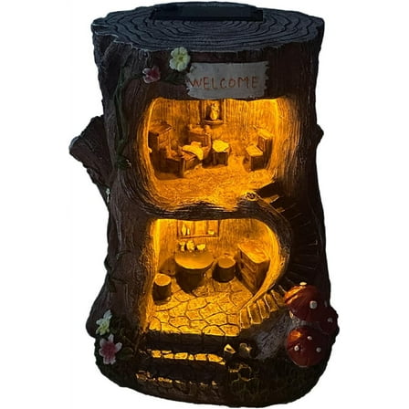 Marytumm Trunk Fairy Tree House with Solar Lights,Fairy Lights Cottage Garden Statue,8x6.6x6.2 inches