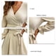 thumbnail image 5 of Vestido con cuello en V Color puro Globo Mangas largas Fibra de poliéster Vestido informal con cinturón para compras diarias Beige M, 5 of 6