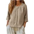 thumbnail image 3 of Jsaierl 3/4 Length Sleeve Cotton Linen Tops for Women Summer Button Up Round Neck Shirts Fashion Solid Ladies Blouses Classic Vacation T-shirts Top S-2XL, 3 of 7