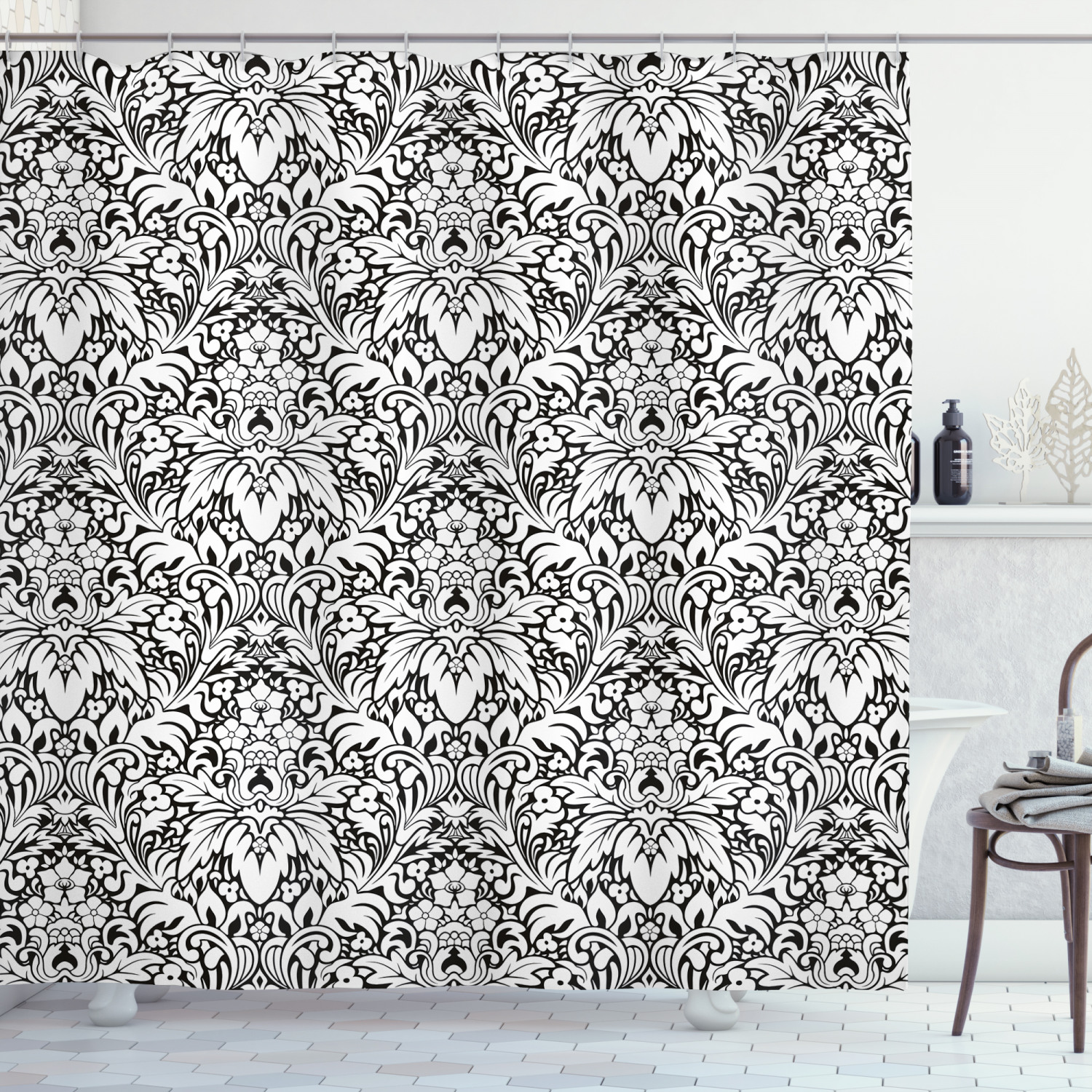 White Damask Shower Curtain, Print of Vintage Style Continuing Garden Artwork Flourishes and