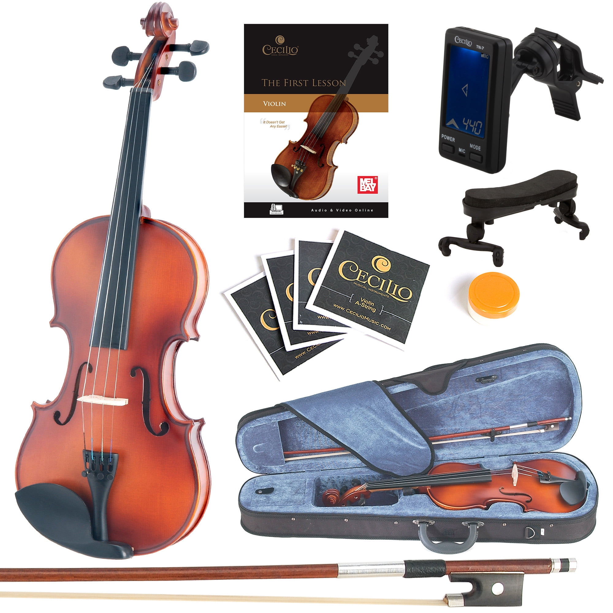 Bow Acoustic Violin Starter Kit with Case Strings Shoulder Rest Matt Wood Fiddle for Beginners and Students Size 1/2 Rosin