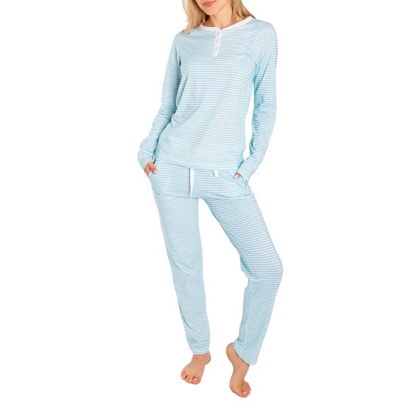 SUNSIOM Ensemble de Pyjama à Rayures pour Femmes et Hommes, T-shirt à Manches Longues à Col Henley avec Pantalon, Vêtement de Nuit et de Détente
