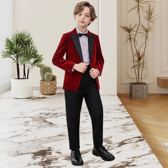 GiLiling Toddler Boy Velvet Formal Suit 5 Piece Outfit Dress Shirt Jacket Pants and Bowtie for Wedding Events (Red, 6-7 Years)