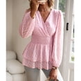 thumbnail image 2 of Blusa elegante de manga larga con cintura fruncida, cuello en V, dobladillo con volantes y jacquard de color puro a la moda para citas, color rosa S, 2 of 8