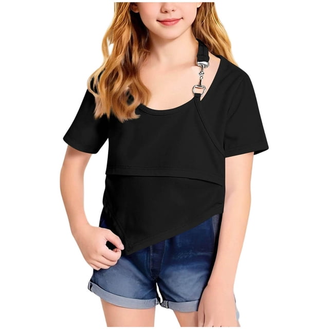 Zpanxa T-Shirts pour Filles Style Western Uni Col Rond Manches Courtes Haut en Nylon Spandex 11-12 Ans