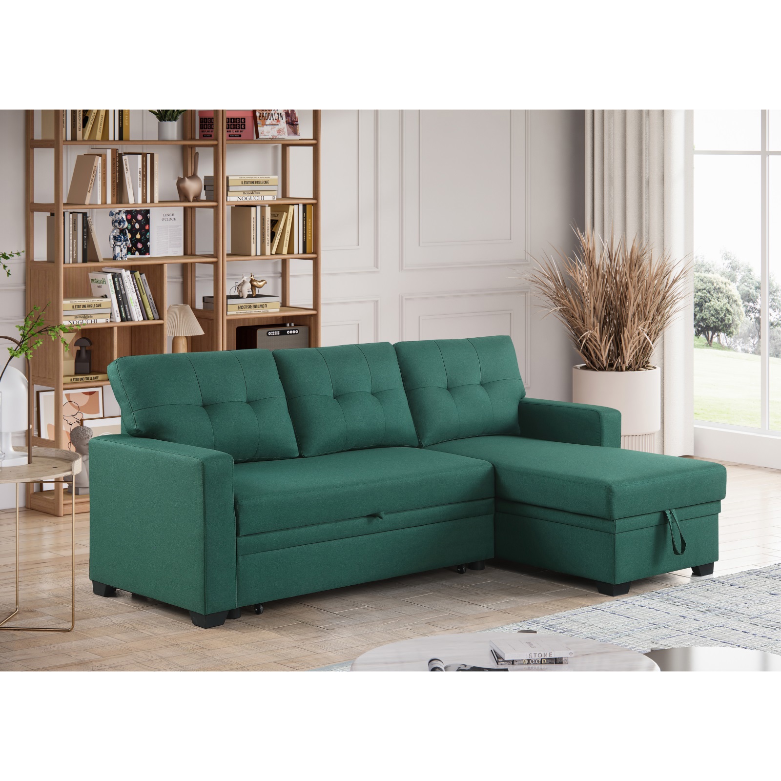 Hommoo 2 in 1 Pull Out Couch Bed Upholstered Sectional Sofa with Storage & Chaise, Convertible L Shaped Sleeper Sofa for Home,Green