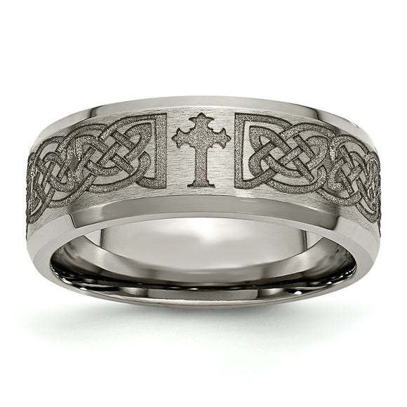 Titanium Beveled Edge 8mm Laser Design Brushed & Polished Band Size 8