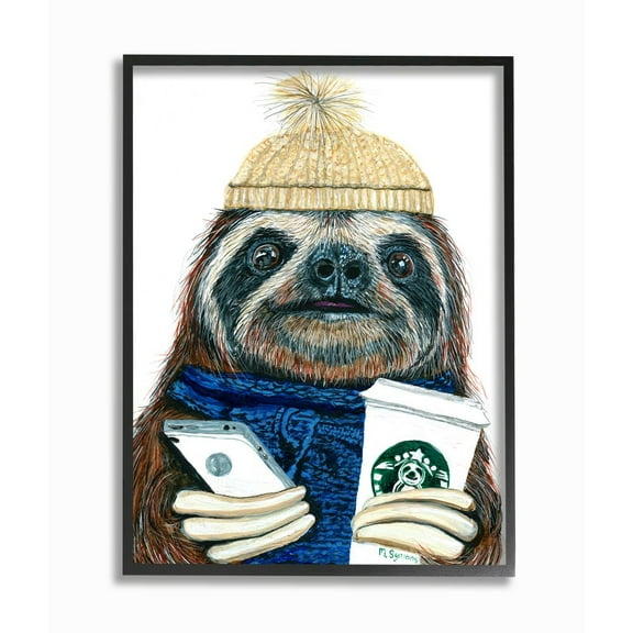 Stupell Industries Basic Sloth Coffee Culture Illustration Winter Clothing Framed Wall Art Design by Melissa Symons, 11" x 14", Black Framed