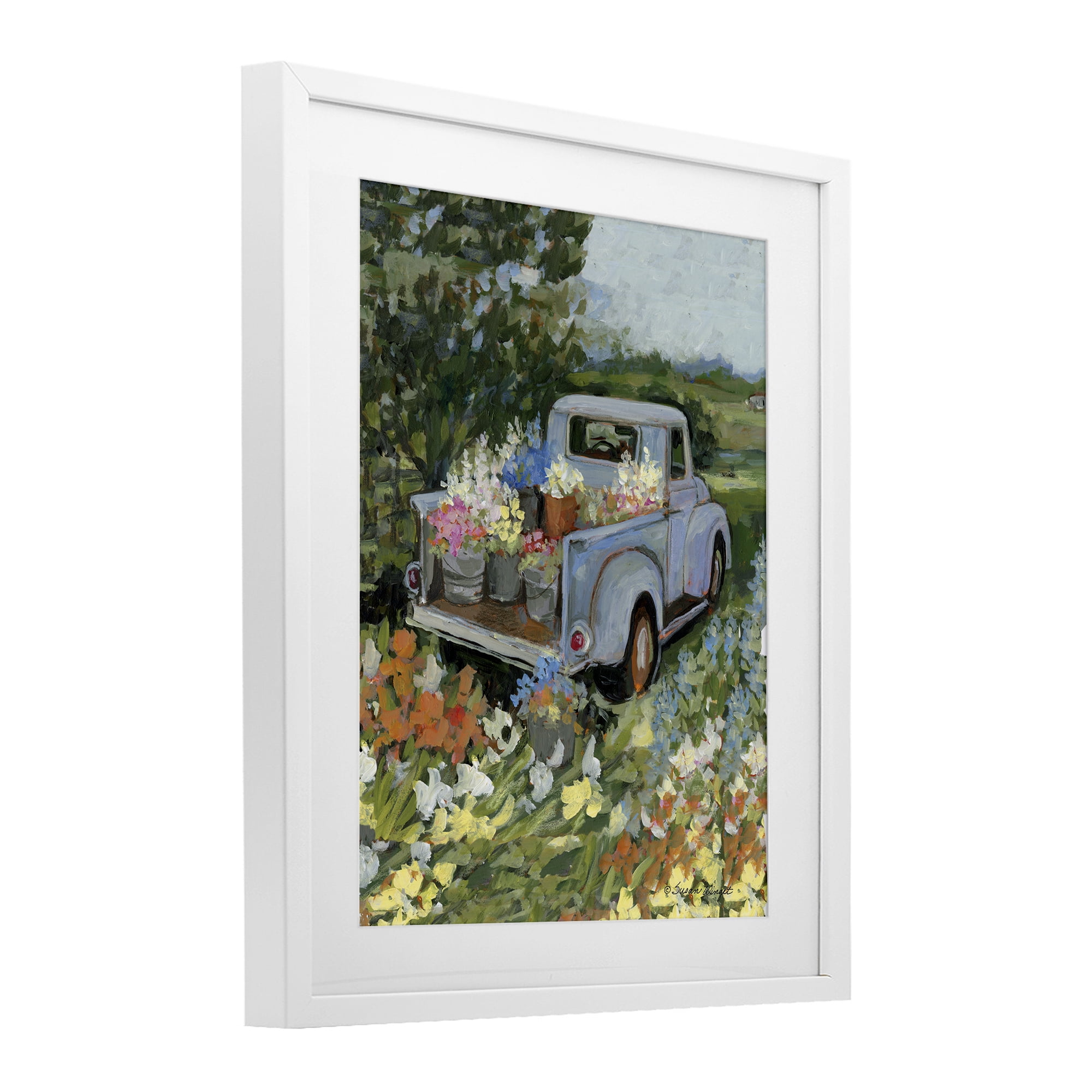 Stupell Industries Truckin' Field with Flowers White Framed Print Under Glass, design by Susan Winget