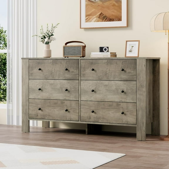 Grey 6 Drawer Dresser for Bedroom, Modern Wide Dresser Organizer with Storage Drawers, Wooden Chests of Drawers for Bedroom, Entryway, Hallway, Home Office