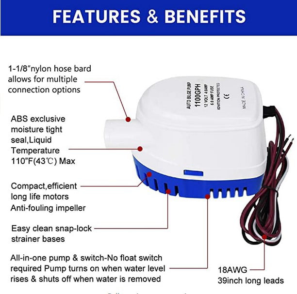 Sanuke Automatic Bilge Pump 12V 1100GPH Submersible Bilge Water Pump with Float Switch Auto Electric Motor Boat Accessories 