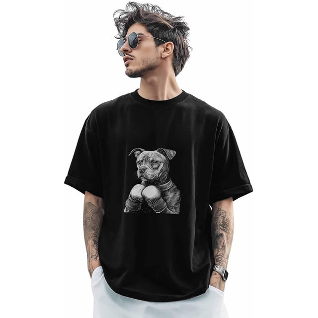 Camisetas para hombre, camiseta abstracta de algodón con cuello redondo y diseño de perro boxeador, manga corta, divertidas, con arte animal.