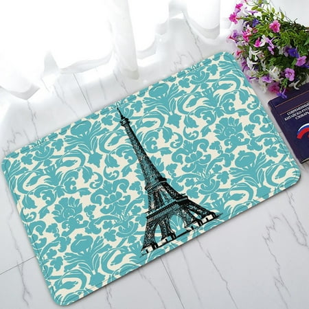 ZKGK Teal Turquoise Damask Vintage French Floral Swirls With Paris Eiffel Tower Non-Slip Doormat Indoor/Outdoor/Bathroom Doormat 30 x 18 Inches
