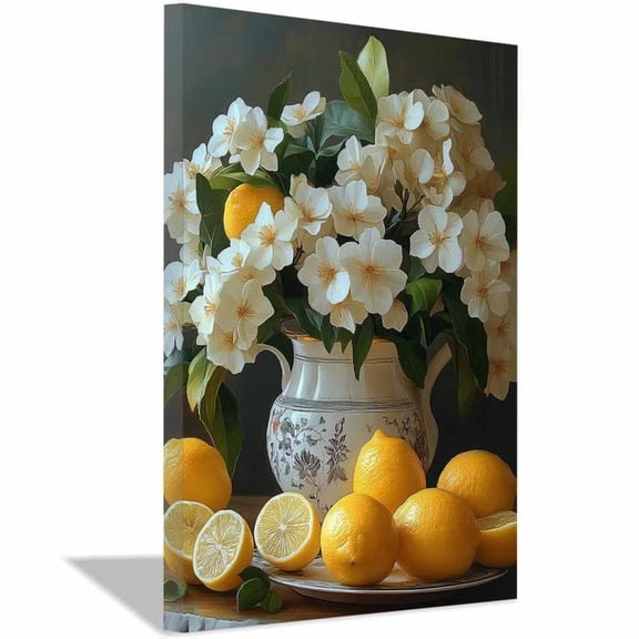 Mudket White Flower and Lemon Canvas Wall Art, Rustic Floral Kitchen Wall Decor, Vintage Fruit and Flower Pictures for Dining Room, Framed Ready to Hang - 12"L x 8"W