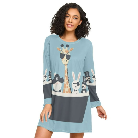FORMRS Womens Long Sleeve Nightgowns Crew Neck Sleep Shirt Soft Pajamas Sizes S-3XL, Pirate Animals